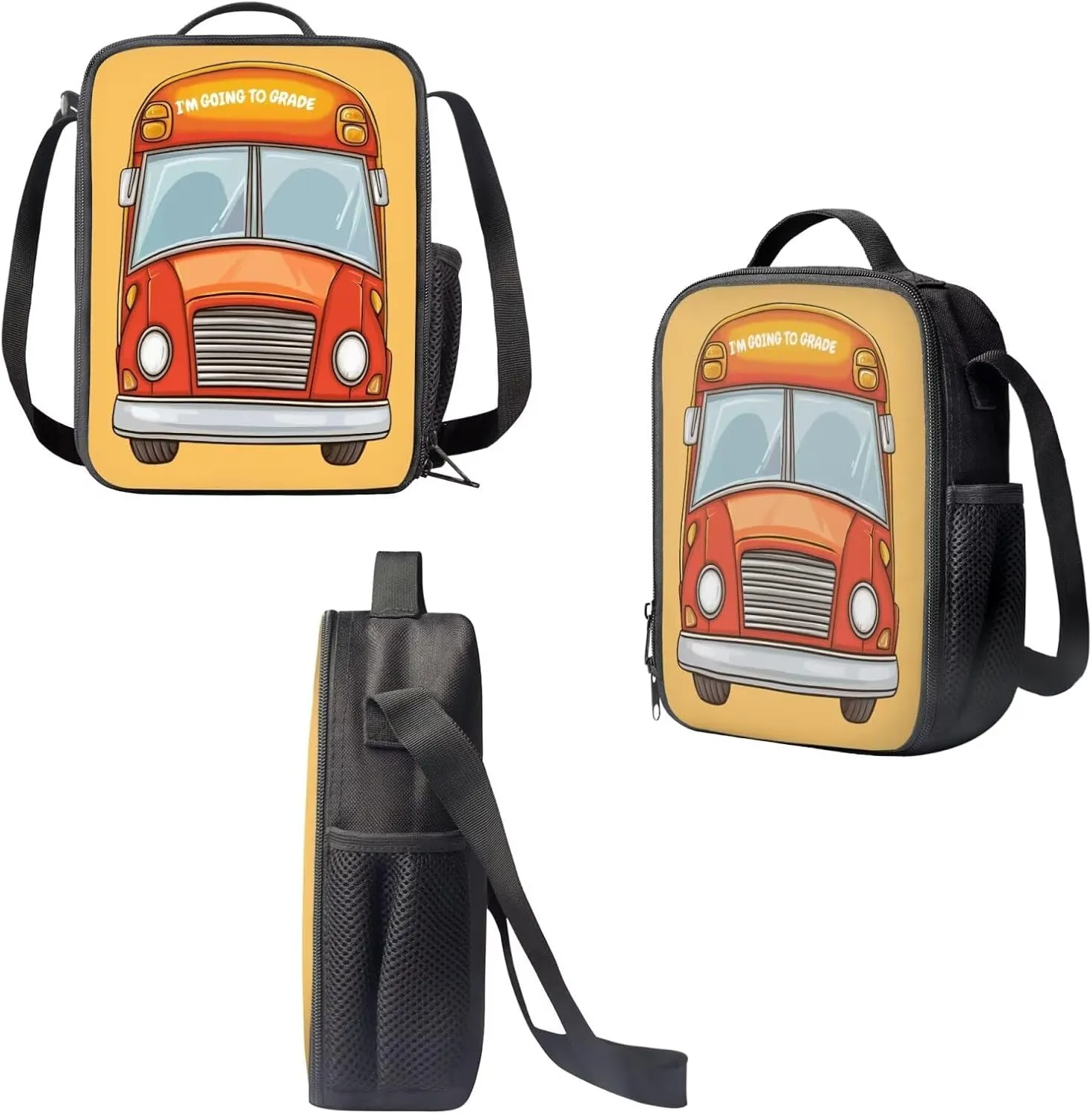 School Bus Backpack Lunch Bag and Pencil Case Set Kids Pencil Pouch Elementary School Backpack Thermal Insulated Lunch Bag with Zipper Pockets
