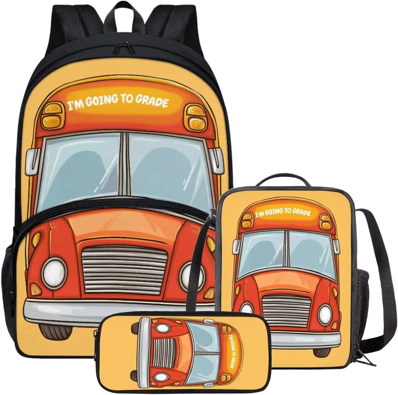 School Bus Backpack Lunch Bag and Pencil Case Set Kids Pencil Pouch Elementary School Backpack Thermal Insulated Lunch Bag with Zipper Pockets