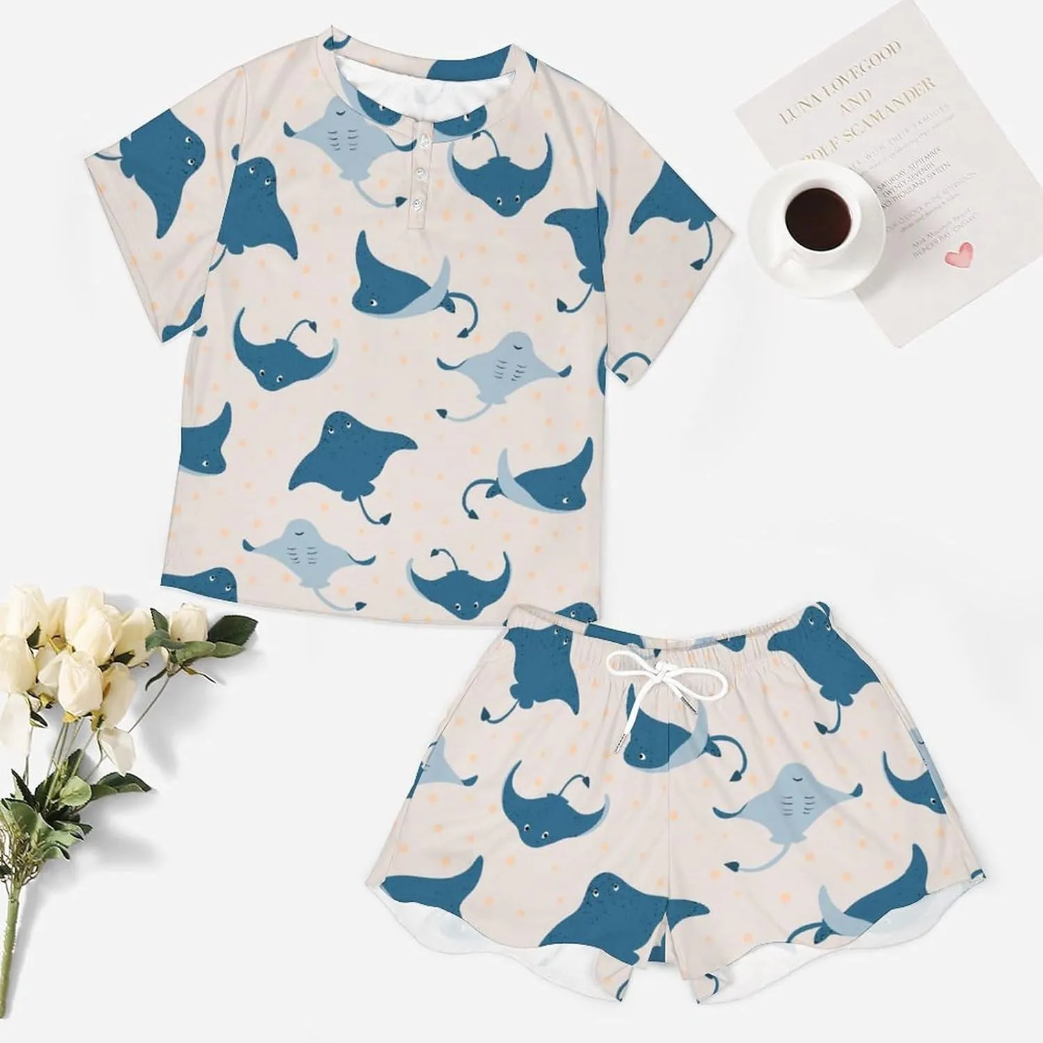Sea Life Stingray Fish Classic Women's Pajamas Loungewear Set Loose Short Sleeve Sleepwear With Pockets