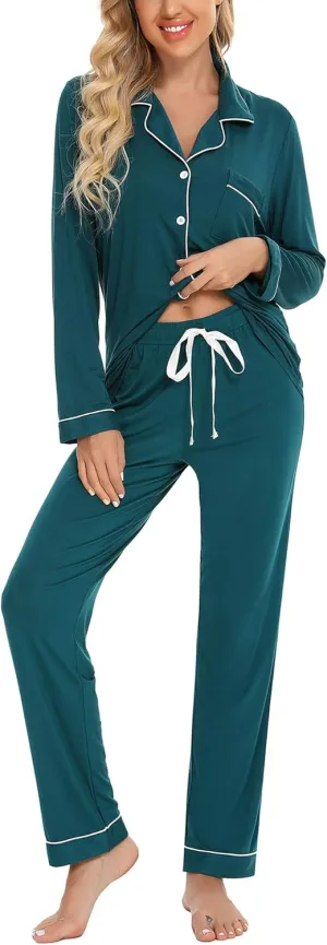 Senert Pajamas Set For Women Long Sleeve Sleepwear Soft Button Down Shirt with Long Pants Pj Lounge Sets S-XXL