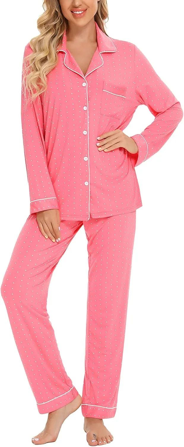 Senert Pajamas Set For Women Long Sleeve Sleepwear Soft Button Down Shirt with Long Pants Pj Lounge Sets S-XXL