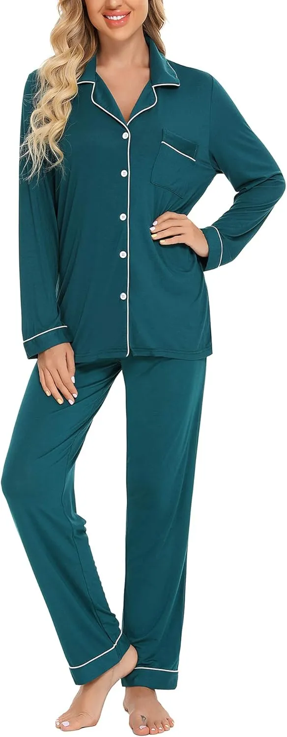 Senert Pajamas Set For Women Long Sleeve Sleepwear Soft Button Down Shirt with Long Pants Pj Lounge Sets S-XXL