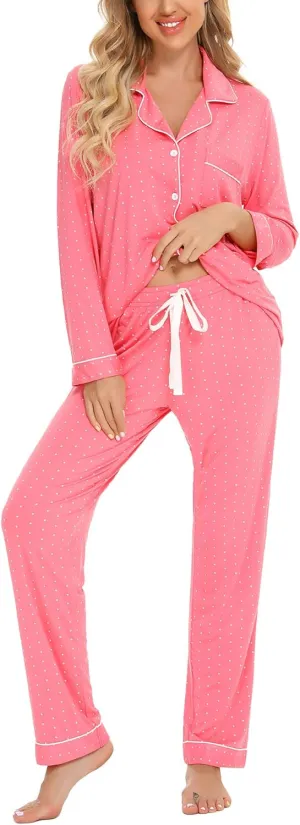 Senert Pajamas Set For Women Long Sleeve Sleepwear Soft Button Down Shirt with Long Pants Pj Lounge Sets S-XXL