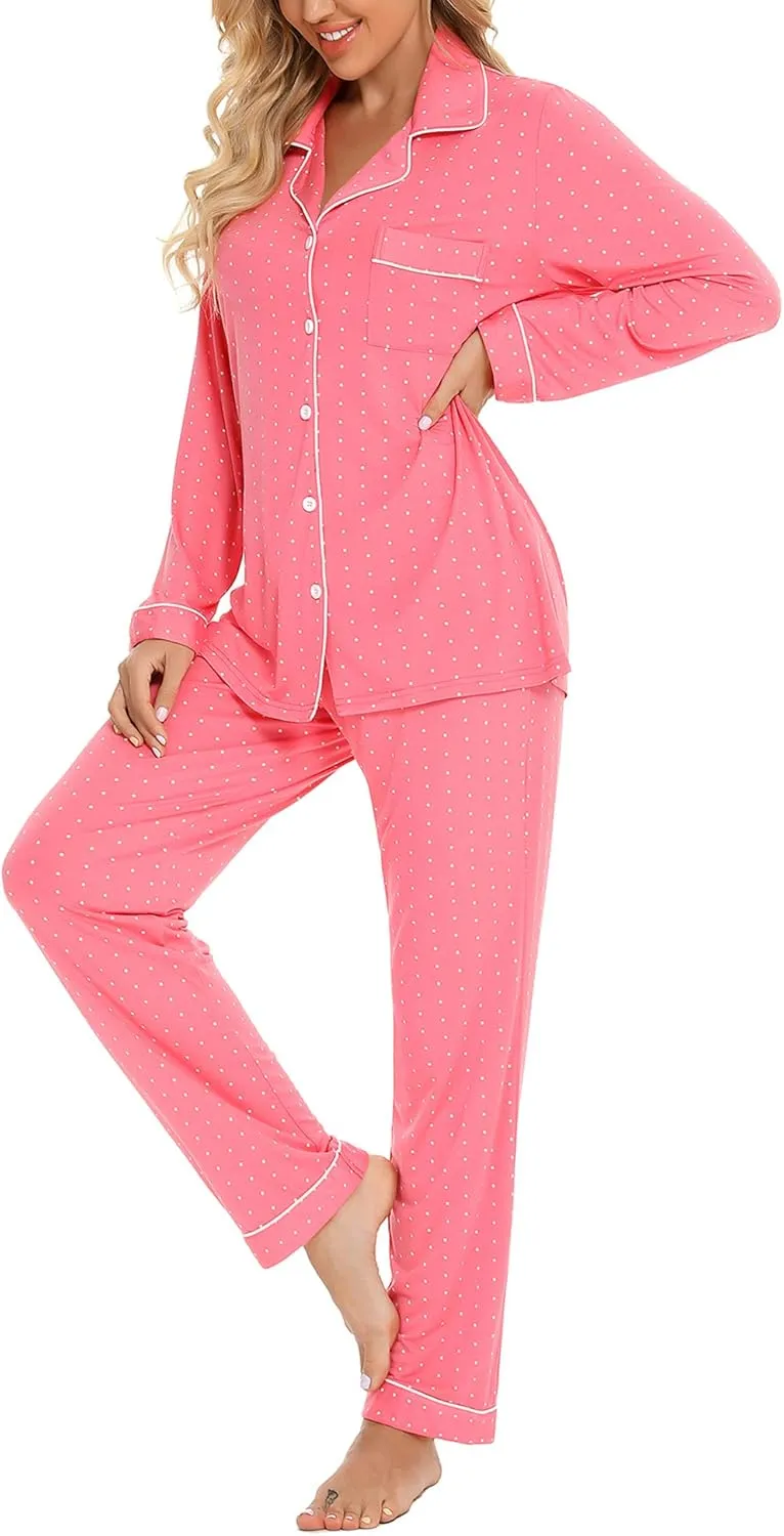Senert Pajamas Set For Women Long Sleeve Sleepwear Soft Button Down Shirt with Long Pants Pj Lounge Sets S-XXL