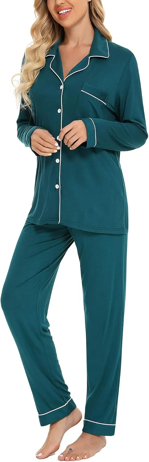 Senert Pajamas Set For Women Long Sleeve Sleepwear Soft Button Down Shirt with Long Pants Pj Lounge Sets S-XXL