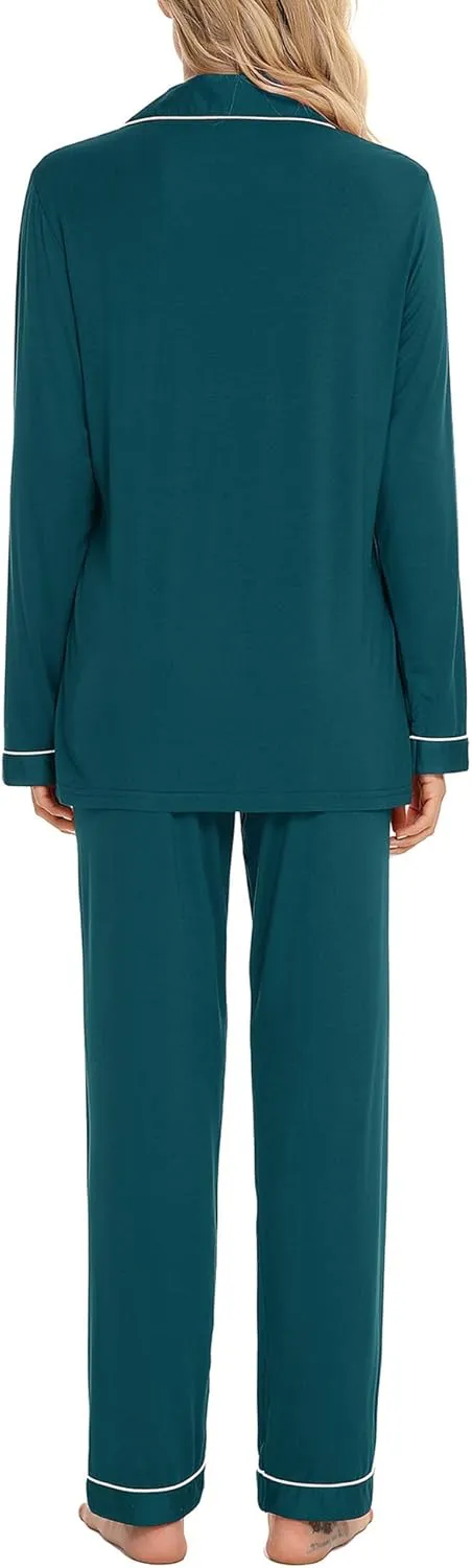 Senert Pajamas Set For Women Long Sleeve Sleepwear Soft Button Down Shirt with Long Pants Pj Lounge Sets S-XXL