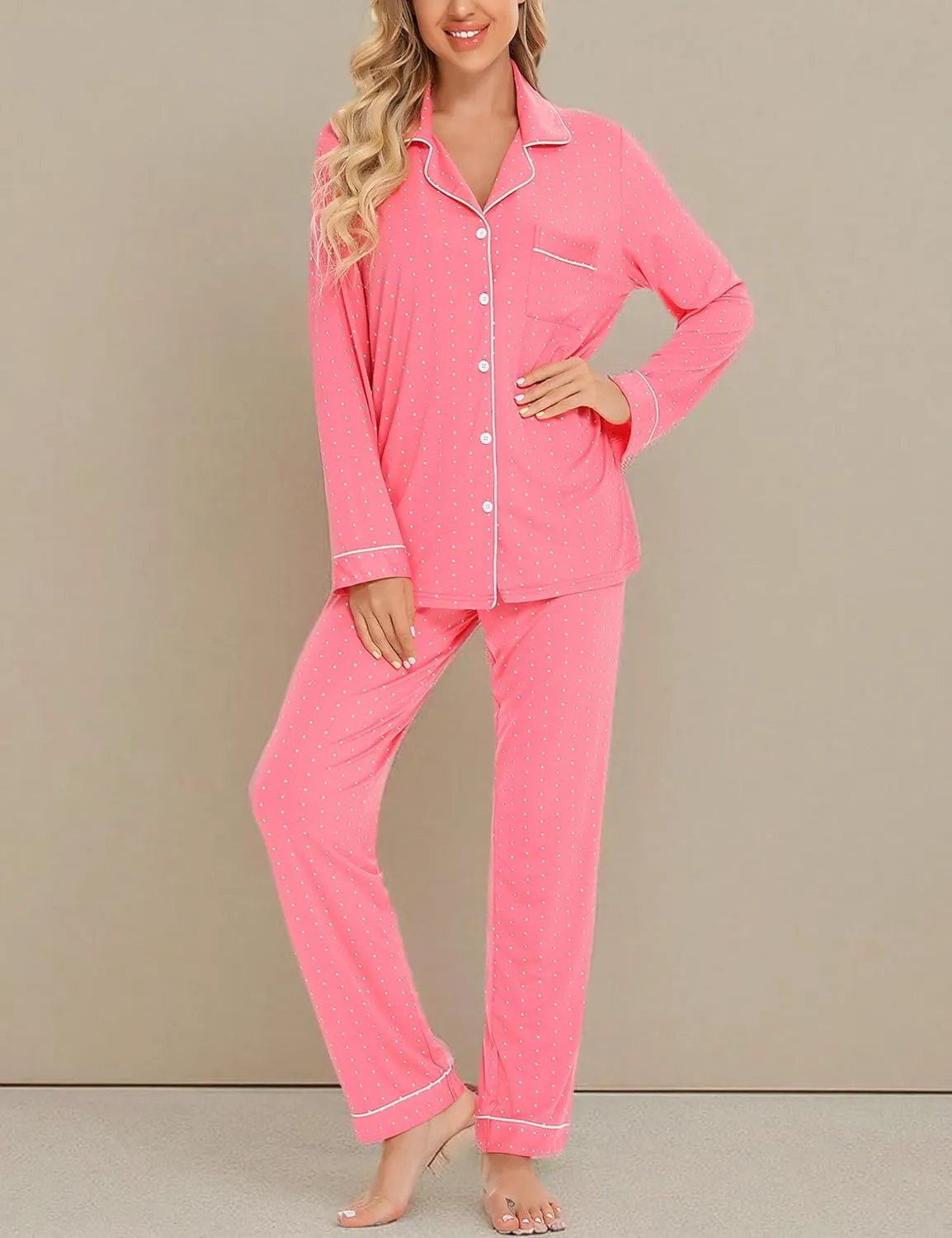 Senert Pajamas Set For Women Long Sleeve Sleepwear Soft Button Down Shirt with Long Pants Pj Lounge Sets S-XXL