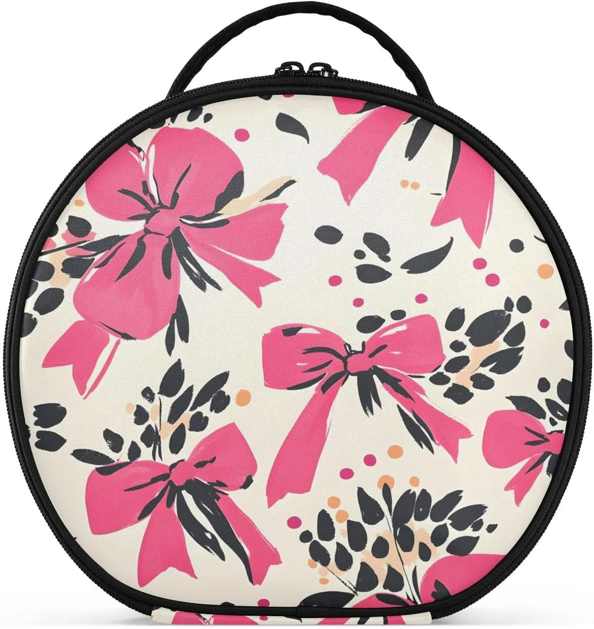 senya Round Cosmetic Pouch Travel Makeup Train Case Organizer Bag Portable Makeup Brushes Toiletry Jewelry Accessories Pink Bow Leopard Print Pattern