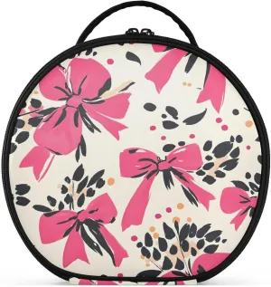 senya Round Cosmetic Pouch Travel Makeup Train Case Organizer Bag Portable Makeup Brushes Toiletry Jewelry Accessories Pink Bow Leopard Print Pattern