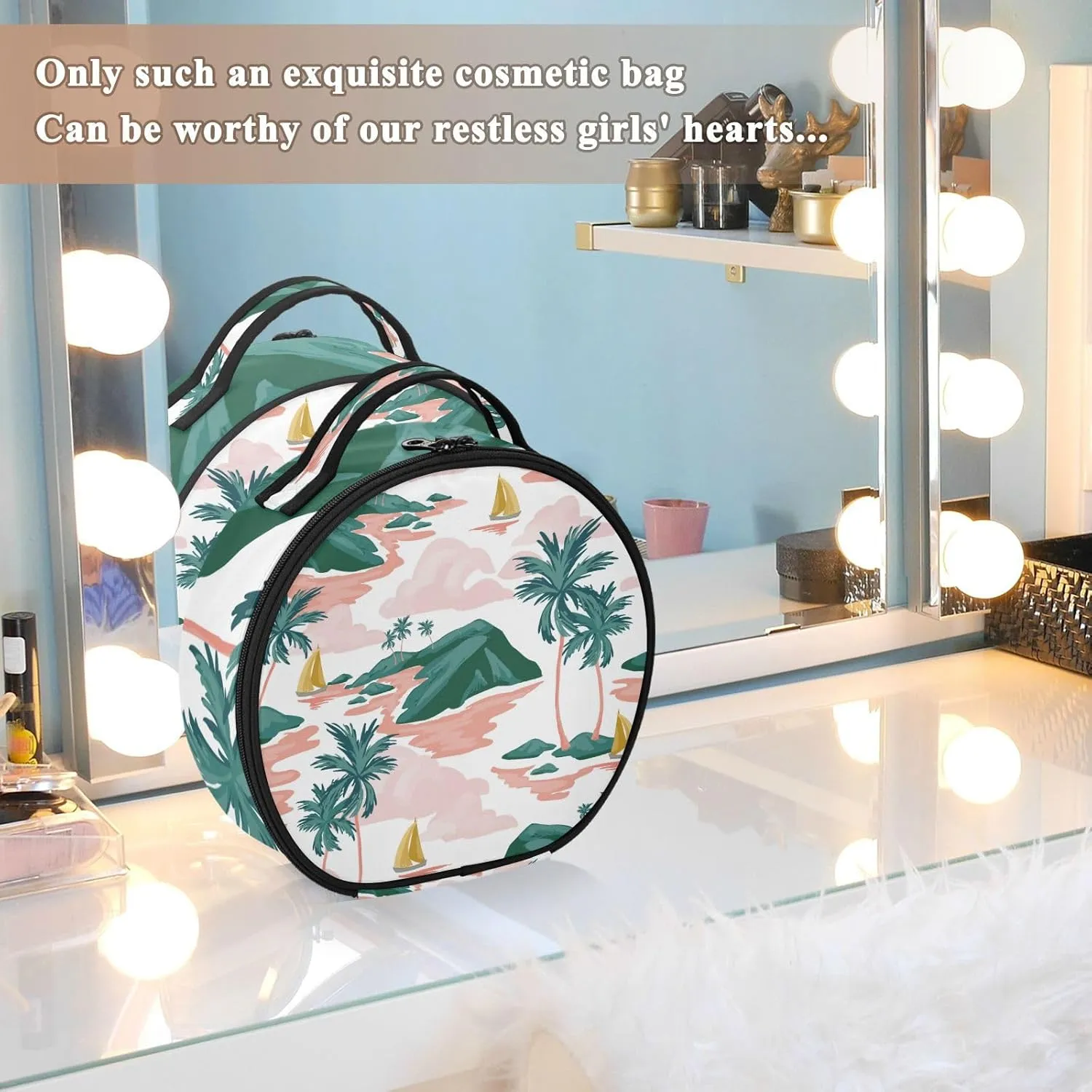 senya Round Cosmetic Pouch Travel Makeup Train Case Summer Beach Palm Trees Makeup Organizer Bag with Adjustable Dividers Portable for Cosmetics Makeup Brushes Toiletry Jewelry Accessories