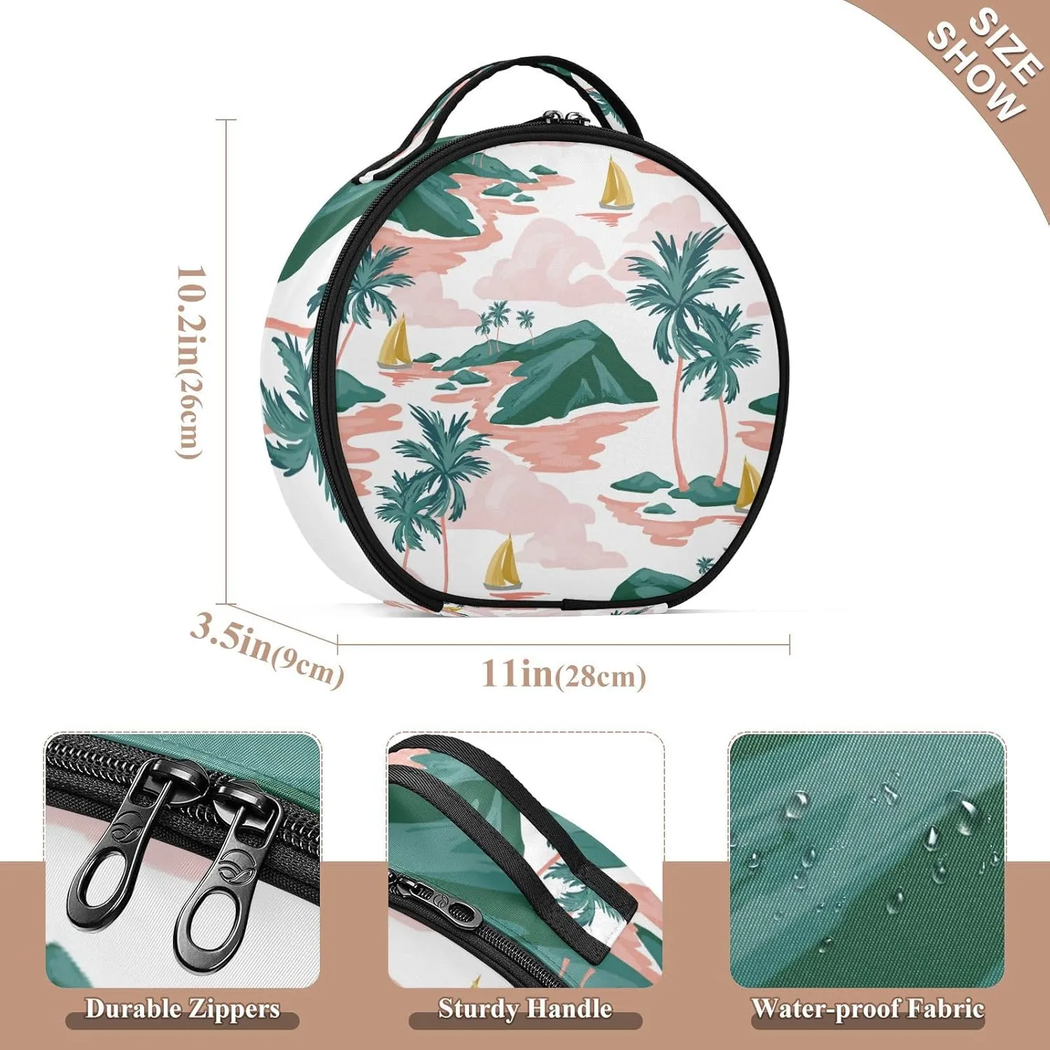 senya Round Cosmetic Pouch Travel Makeup Train Case Summer Beach Palm Trees Makeup Organizer Bag with Adjustable Dividers Portable for Cosmetics Makeup Brushes Toiletry Jewelry Accessories