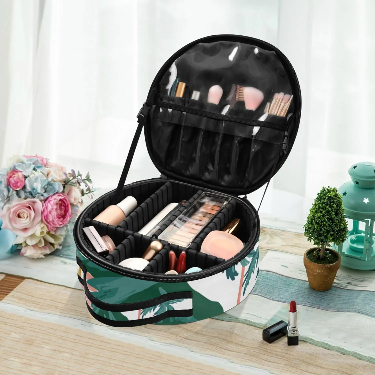senya Round Cosmetic Pouch Travel Makeup Train Case Summer Beach Palm Trees Makeup Organizer Bag with Adjustable Dividers Portable for Cosmetics Makeup Brushes Toiletry Jewelry Accessories