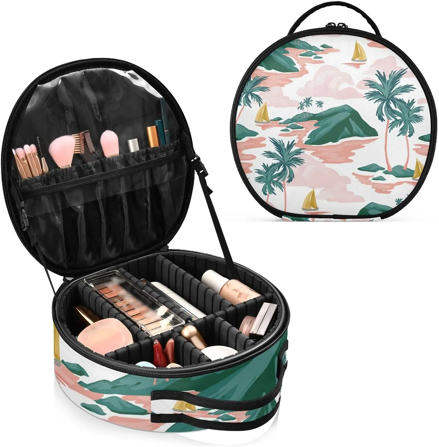 senya Round Cosmetic Pouch Travel Makeup Train Case Summer Beach Palm Trees Makeup Organizer Bag with Adjustable Dividers Portable for Cosmetics Makeup Brushes Toiletry Jewelry Accessories