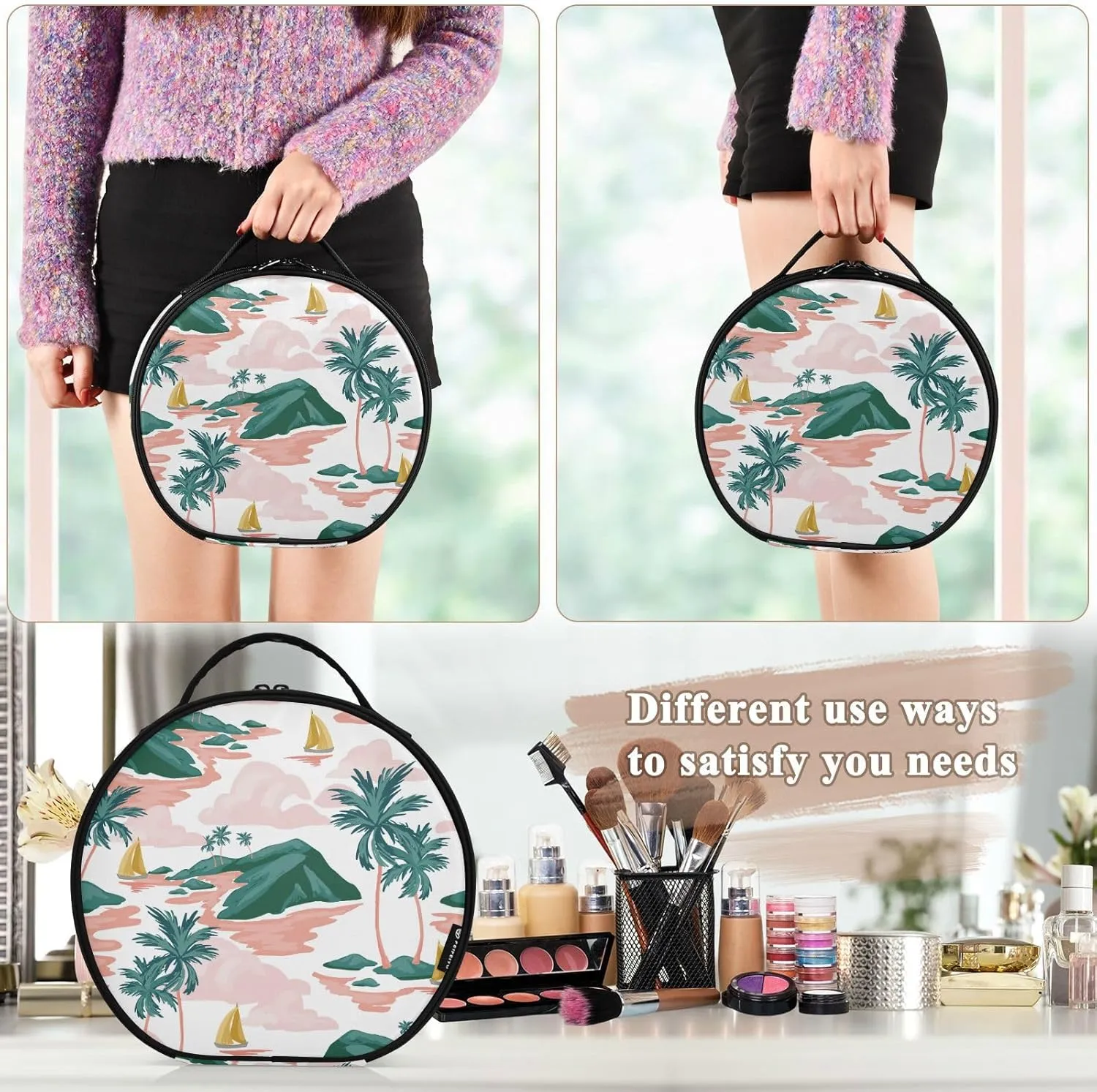 senya Round Cosmetic Pouch Travel Makeup Train Case Summer Beach Palm Trees Makeup Organizer Bag with Adjustable Dividers Portable for Cosmetics Makeup Brushes Toiletry Jewelry Accessories