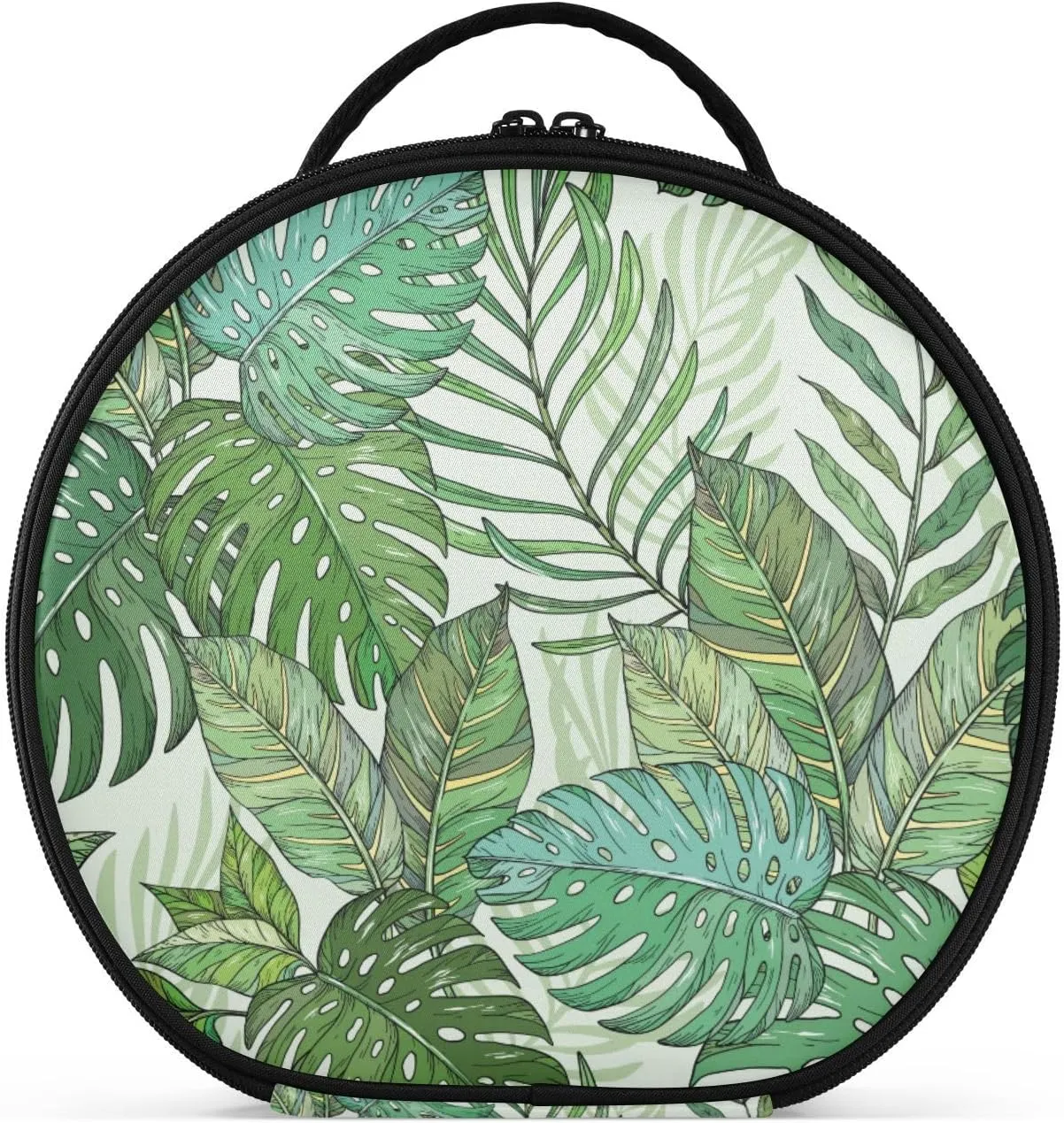 senya Round Cosmetic Pouch Travel Makeup Train Case Tropical Palm Leaves Makeup Organizer Bag with Adjustable Dividers Portable for Cosmetics Makeup Brushes Toiletry Jewelry Accessories
