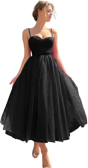 Sevintage Spaghetti Straps Tulle Prom Dress Tea Length Formal Party Evening Dress with Pockets