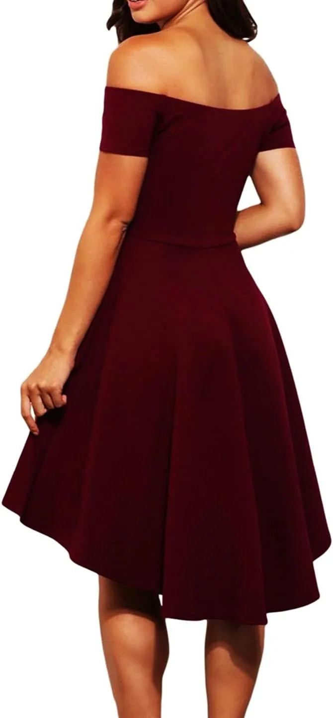 Shenbolen Womens Off Shoulder Short Sleeve Evening Dress Cocktail Skater Dresses
