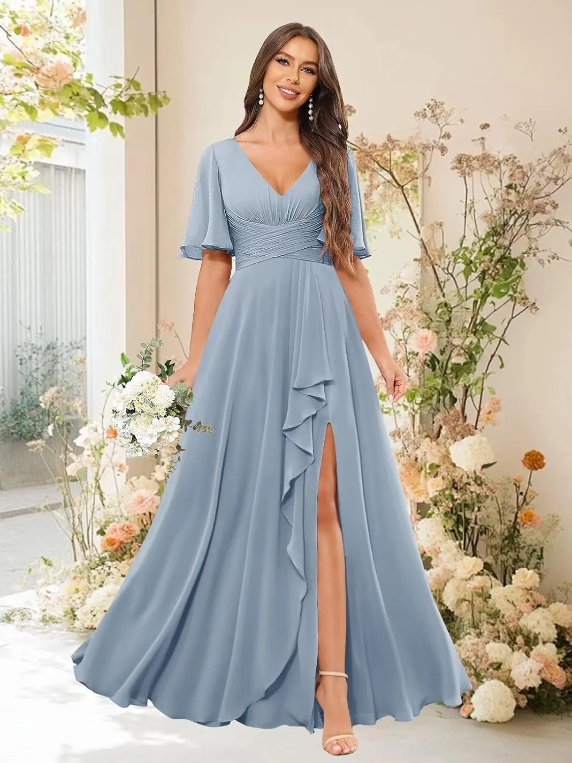 Short Sleeve Bridesmaid Dresses for Wedding with Slit Ruffles Formal Evening Party Dress with Pockets