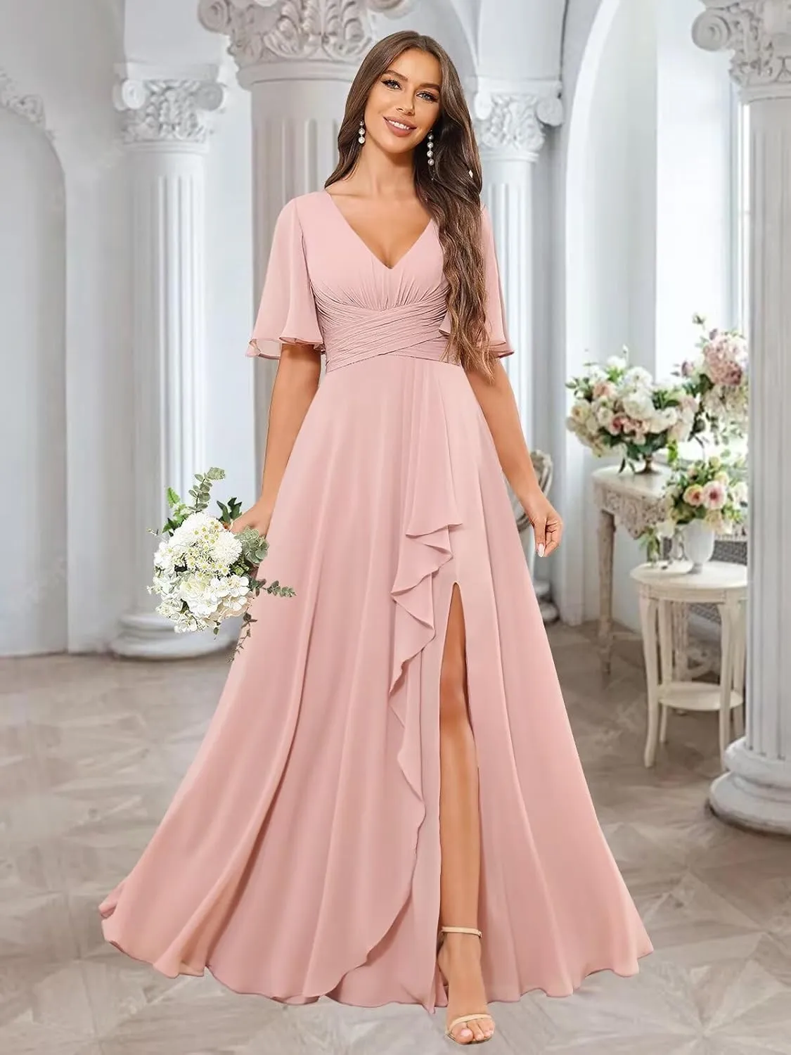 Short Sleeve Bridesmaid Dresses for Wedding with Slit Ruffles Formal Evening Party Dress with Pockets