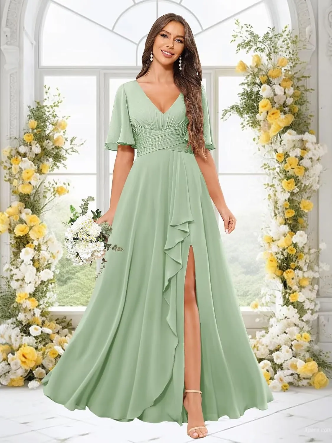 Short Sleeve Bridesmaid Dresses for Wedding with Slit Ruffles Formal Evening Party Dress with Pockets