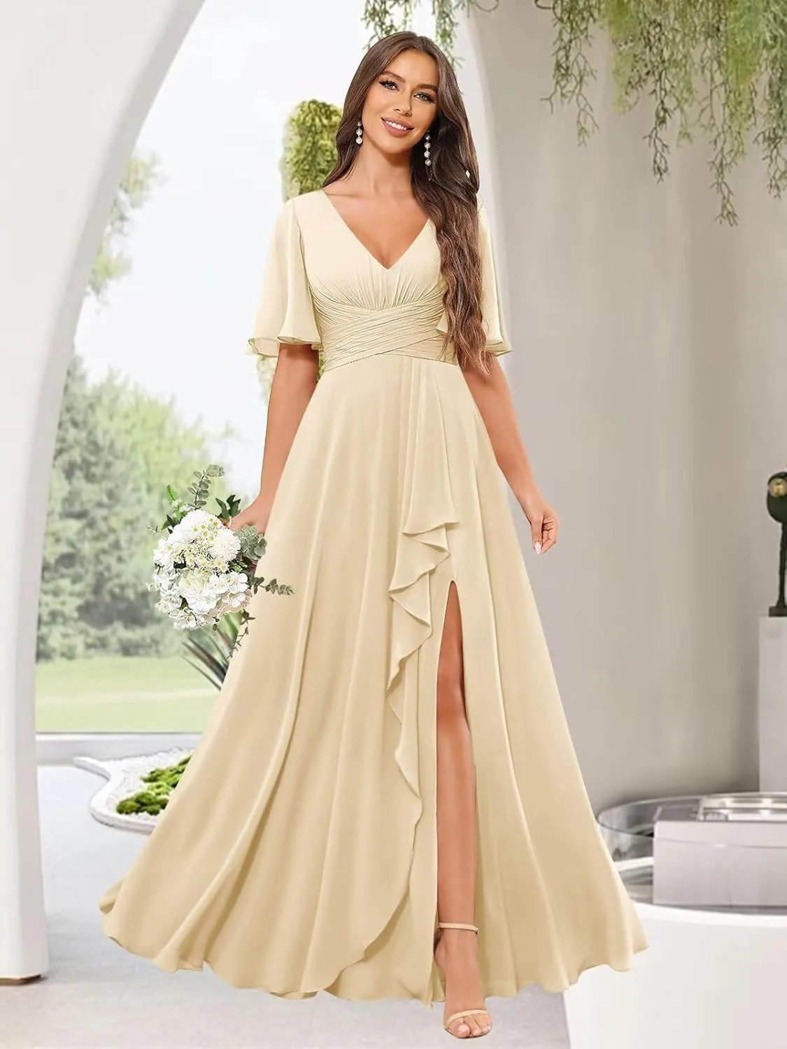 Short Sleeve Bridesmaid Dresses for Wedding with Slit Ruffles Formal Evening Party Dress with Pockets