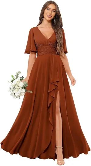 Short Sleeve Bridesmaid Dresses for Wedding with Slit Ruffles Formal Evening Party Dress with Pockets
