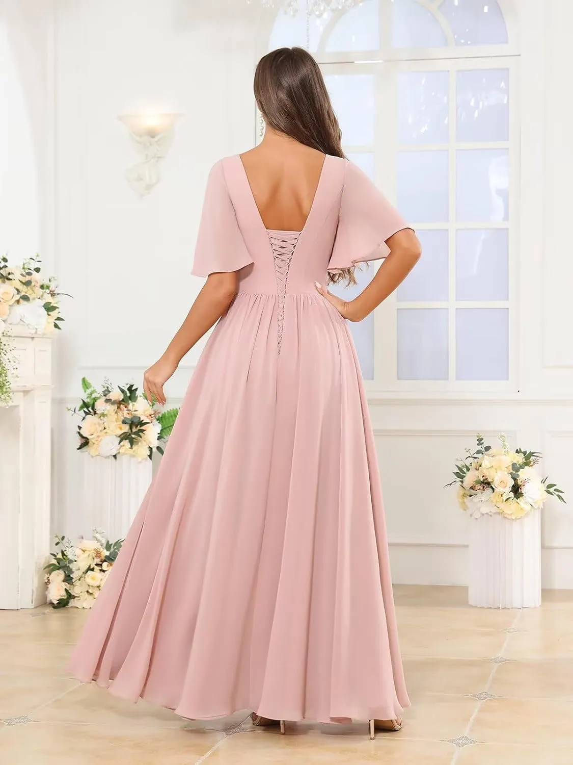 Short Sleeve Bridesmaid Dresses for Wedding with Slit Ruffles Formal Evening Party Dress with Pockets