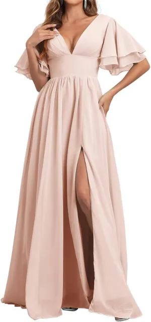 Short Sleeves Bridesmaid Dresses for Wedding V Neck Chiffon Formal Evening Party Prom Maxi Gown with Slit AN379