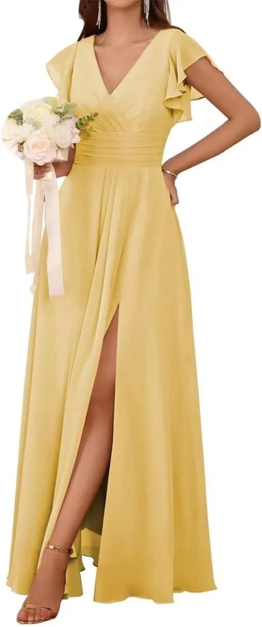 Short Sleeves Bridesmaid Dresses for Wedding V Neck Chiffon Formal Evening Party Prom Maxi Gown with Slit AN380