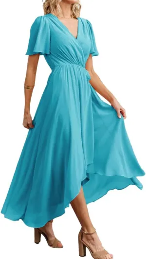 Short Sleeves Country Princess Bridesmaid Dress High Low Prom Dress Chiffon Formal Evening Maxi Gowns EZ050