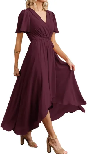 Short Sleeves Country Princess Bridesmaid Dress High Low Prom Dress Chiffon Formal Evening Maxi Gowns EZ050