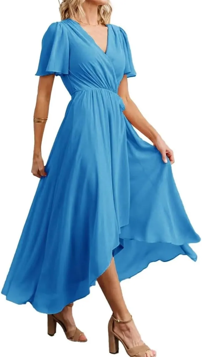 Short Sleeves Country Princess Bridesmaid Dress High Low Prom Dress Chiffon Formal Evening Maxi Gowns EZ050