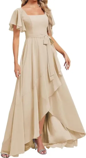 Short Sleeves Mother of The Bridal Gown Chiffon Bridesmaid Dress High Low Prom Formal Evening Maxi Gowns EZ121
