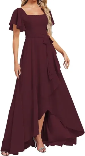 Short Sleeves Mother of The Bridal Gown Chiffon Bridesmaid Dress High Low Prom Formal Evening Maxi Gowns EZ121