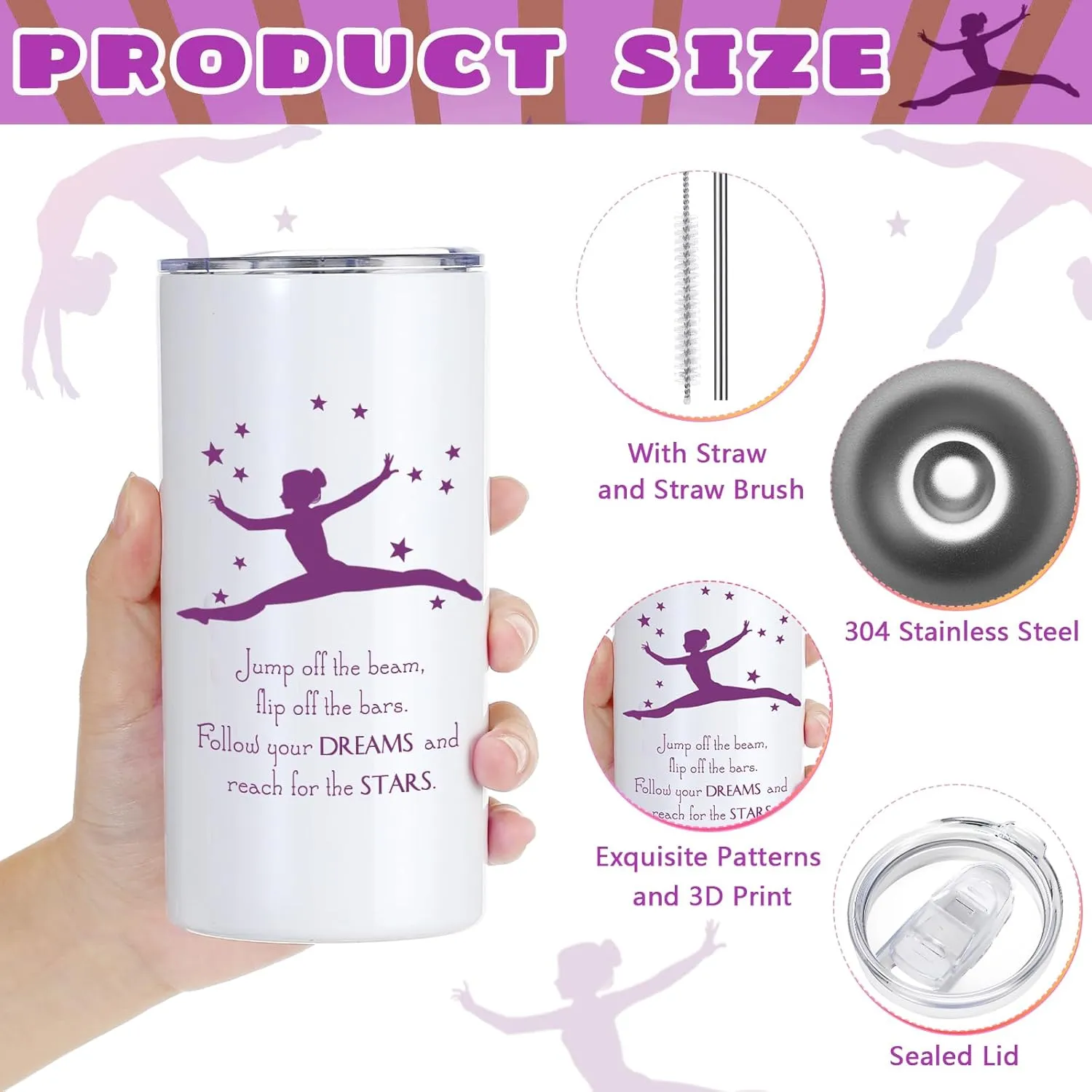 Sieral 4 Pieces Gymnastics Gifts for Girls 14oz Water Bottle Hair Scrunchies Bracelet Jewelry for Girls Zipper Pouch Sports Accessories for Sports Graduation Gifts (Light Purple)