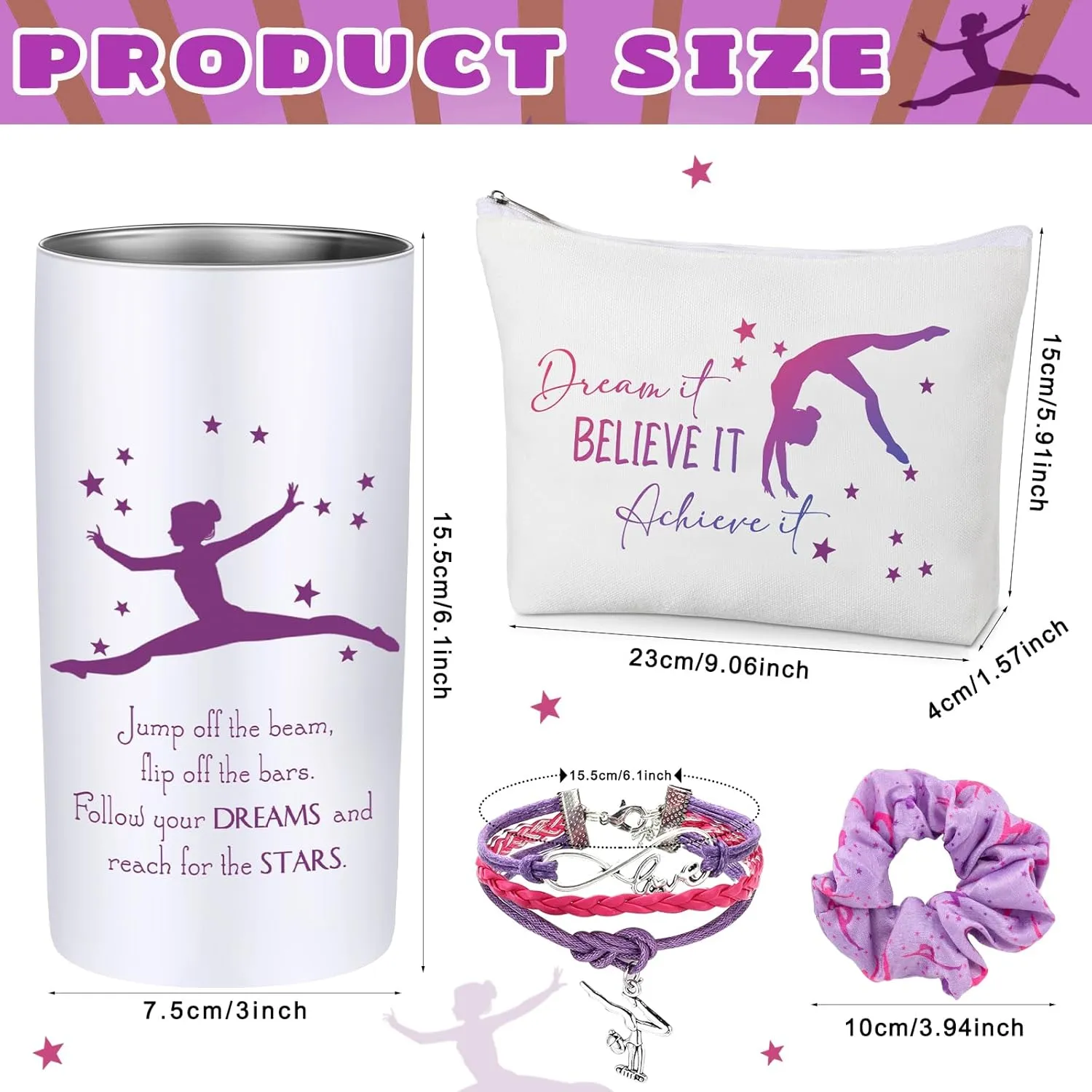 Sieral 4 Pieces Gymnastics Gifts for Girls 14oz Water Bottle Hair Scrunchies Bracelet Jewelry for Girls Zipper Pouch Sports Accessories for Sports Graduation Gifts (Light Purple)