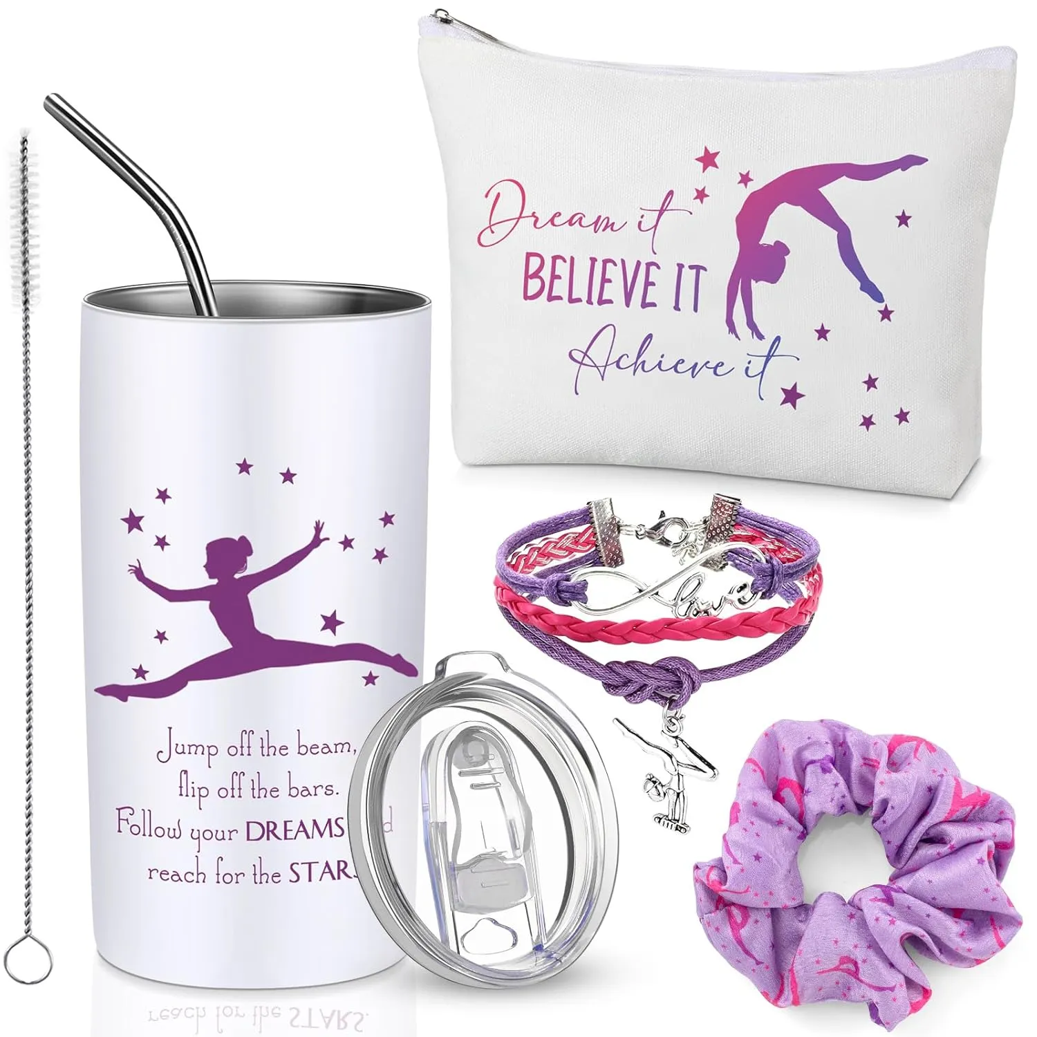 Sieral 4 Pieces Gymnastics Gifts for Girls 14oz Water Bottle Hair Scrunchies Bracelet Jewelry for Girls Zipper Pouch Sports Accessories for Sports Graduation Gifts (Light Purple)