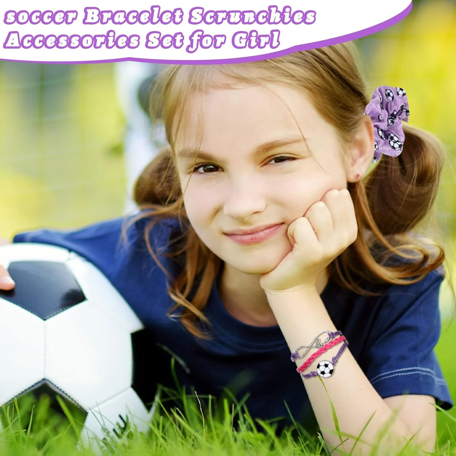 Sieral 4 Pieces Soccer Gifts for Girls 14oz Water Bottle Hair Scrunchies Bracelet Jewelry for Girls Zipper Pouch Sports Accessories for Sports graduation Gifts (Purple)