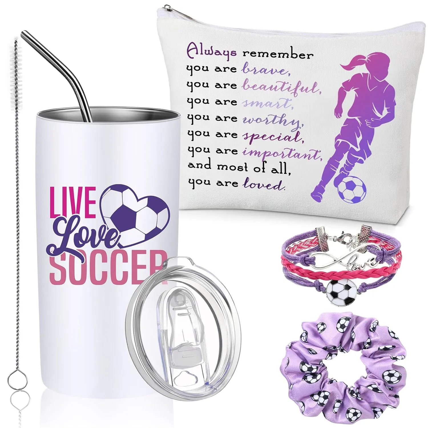 Sieral 4 Pieces Soccer Gifts for Girls 14oz Water Bottle Hair Scrunchies Bracelet Jewelry for Girls Zipper Pouch Sports Accessories for Sports graduation Gifts (Purple)