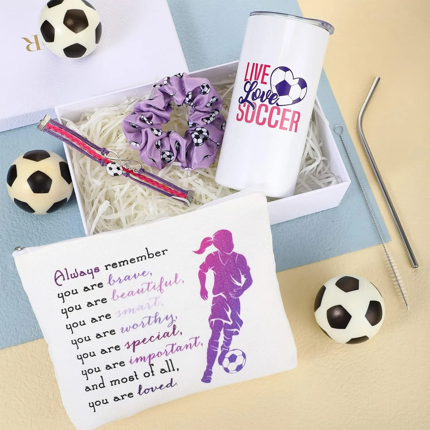 Sieral 4 Pieces Soccer Gifts for Girls 14oz Water Bottle Hair Scrunchies Bracelet Jewelry for Girls Zipper Pouch Sports Accessories for Sports graduation Gifts (Purple)