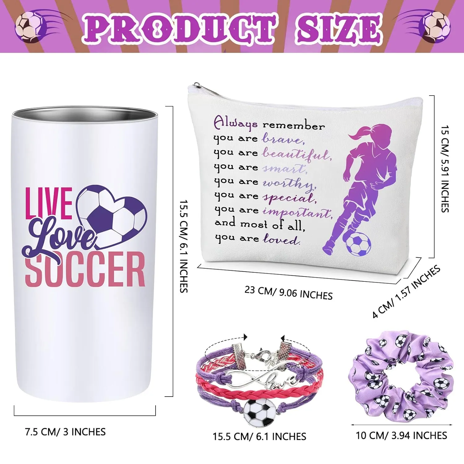 Sieral 4 Pieces Soccer Gifts for Girls 14oz Water Bottle Hair Scrunchies Bracelet Jewelry for Girls Zipper Pouch Sports Accessories for Sports graduation Gifts (Purple)