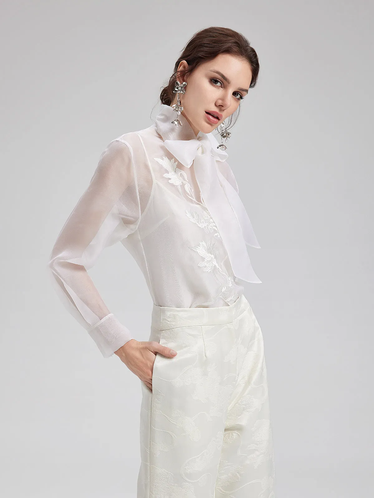 Silk Embroidered Tie Long Sleeve Blouse