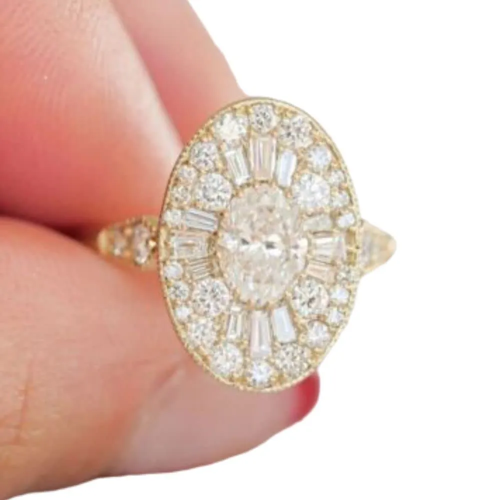 Silverjewel 2 Ct Oval Diamond Cluster Engagement Ring Baguette Round Cluster Women's Cocktail Ring 14K Yellow Gold Finish Handmade Wedding Anniversary Ring 925 Sterling Silver Ring Gift For Her
