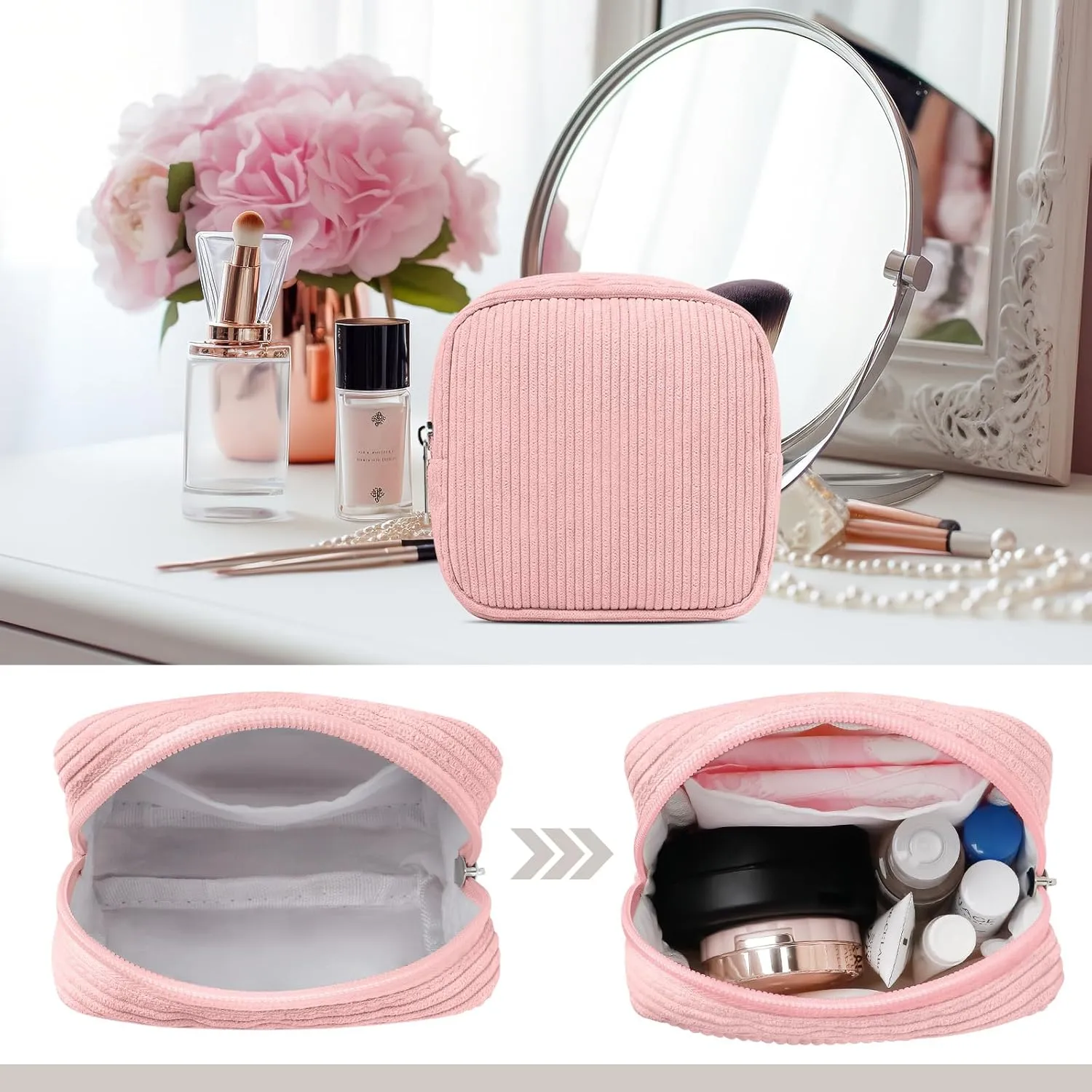 Small Corduroy Makeup Bag  Mini Cosmetic Pouch with Metal Zipper,Small Essentials Bag for Purse, Travel, and Gifts  Perfect for Jewelry, Cables, and Accessories,Pink