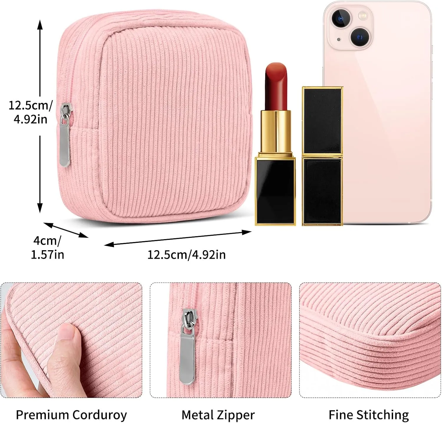 Small Corduroy Makeup Bag  Mini Cosmetic Pouch with Metal Zipper,Small Essentials Bag for Purse, Travel, and Gifts  Perfect for Jewelry, Cables, and Accessories,Pink