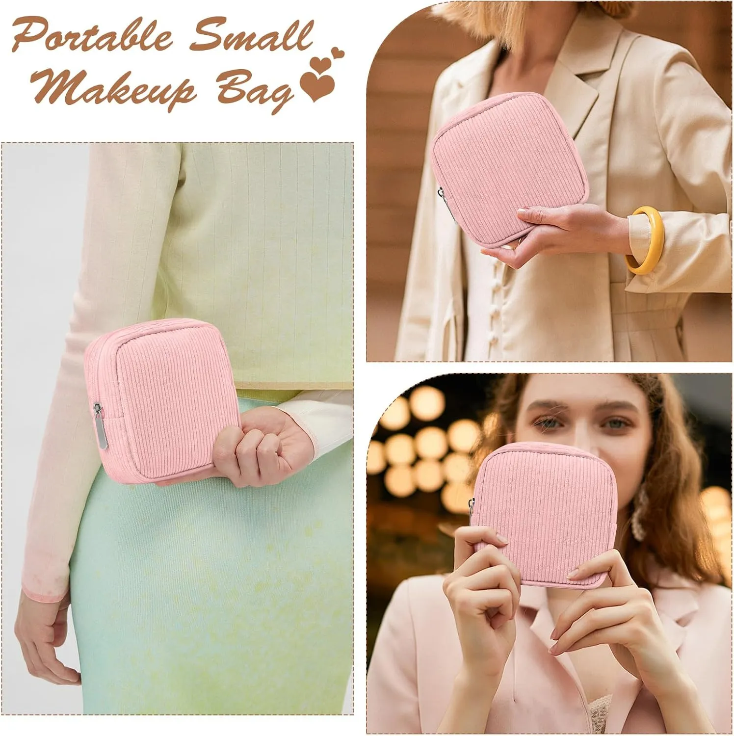 Small Corduroy Makeup Bag  Mini Cosmetic Pouch with Metal Zipper,Small Essentials Bag for Purse, Travel, and Gifts  Perfect for Jewelry, Cables, and Accessories,Pink