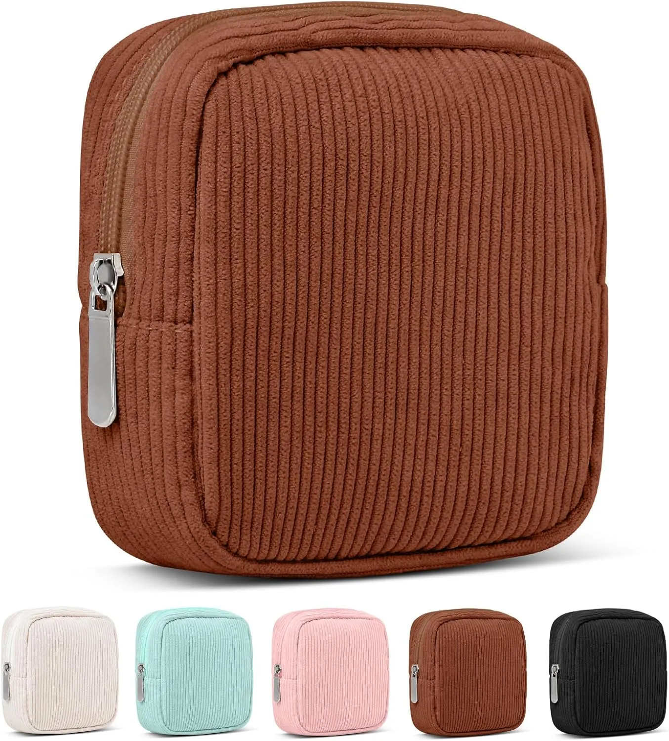 Small Makeup Bag for Purse  Corduroy Makeup Bag with Inner Pocket, Zipper Pouch for Essentials, Jewelry, and Cables  Perfect for Gifts and Daily Use, Brown