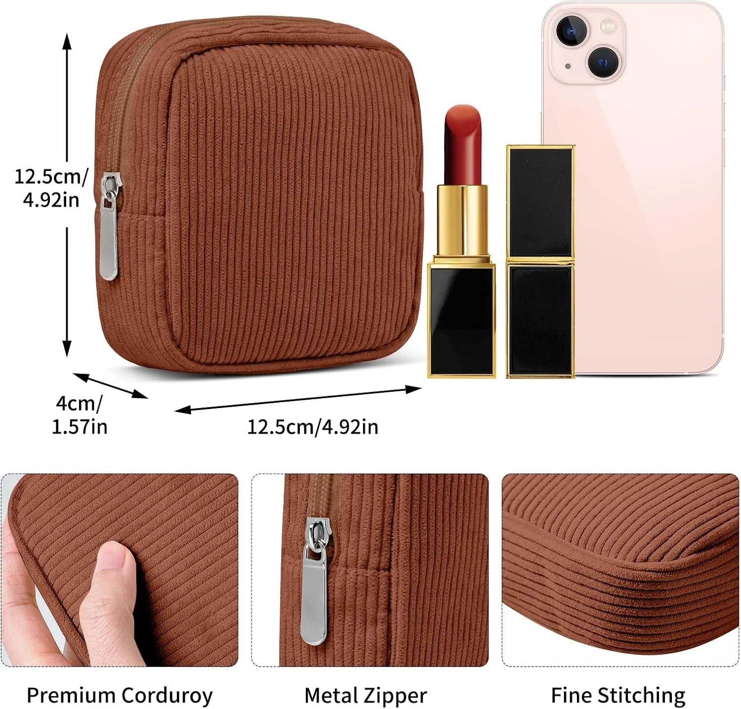 Small Makeup Bag for Purse  Corduroy Makeup Bag with Inner Pocket, Zipper Pouch for Essentials, Jewelry, and Cables  Perfect for Gifts and Daily Use, Brown