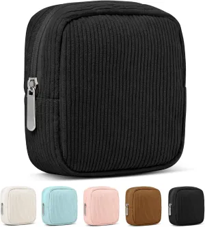 Small Makeup Bag for Purse  Mini Cosmetic Pouch with Metal Zipper, Compact Corduroy Makeup Bag for Cosmetics, Jewelry, Cables  Cute and Vintage Design, Black