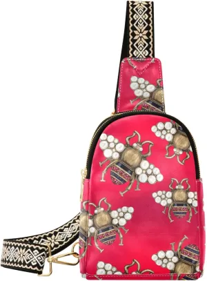 Small Sling Bag for Women Embroidery Red Jewelry Bee PC Leather Fanny Pack Crossbody Fashion Waist Packs Chest Bag for Travel Sports Running Hiking